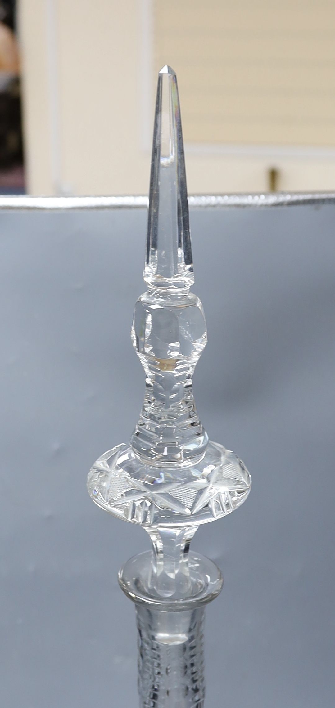 A large cut crystal apothecary ‘steeple’ bottle and stopper 85cm